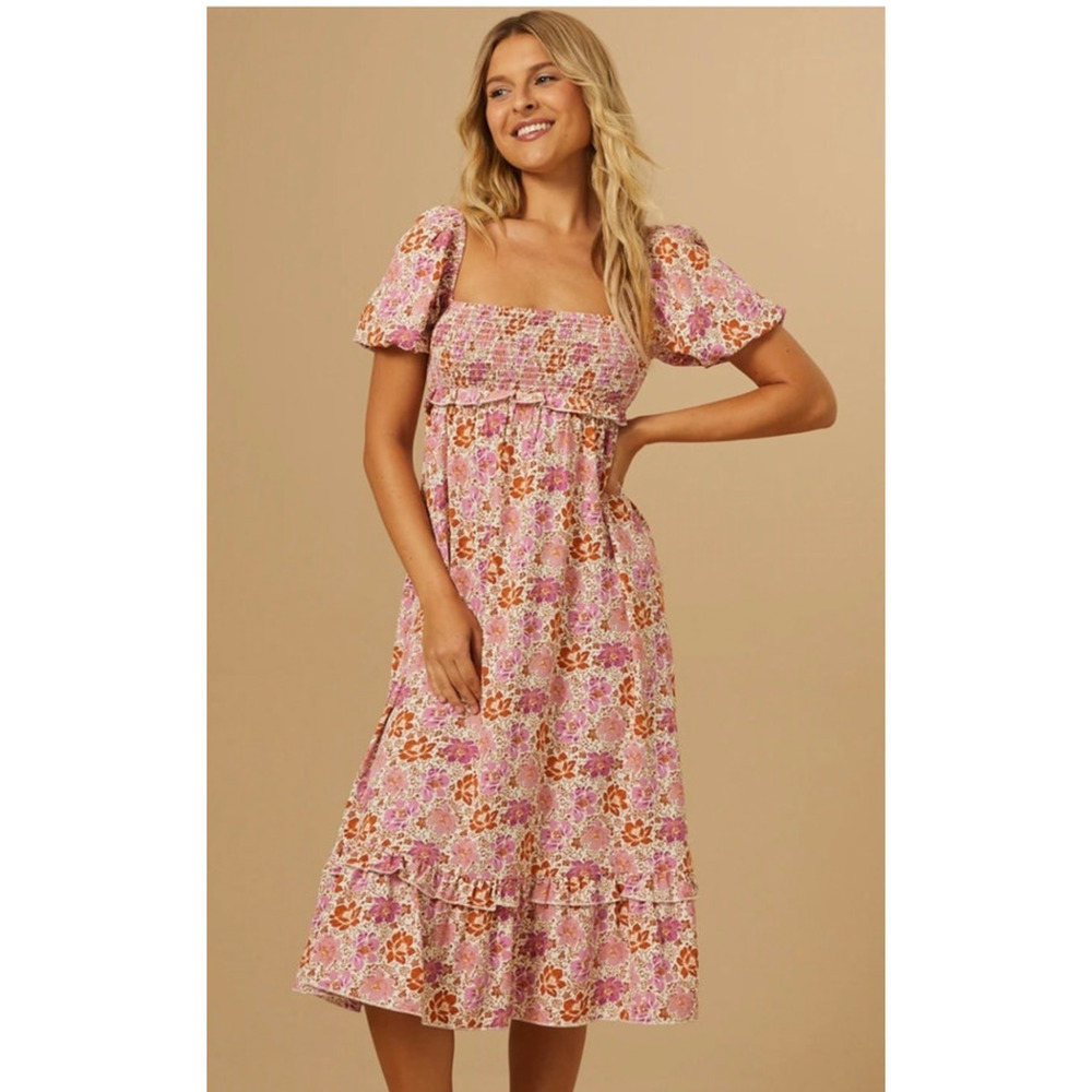 Altar'd State Pink Floral Puff Sleeve Midi Dress